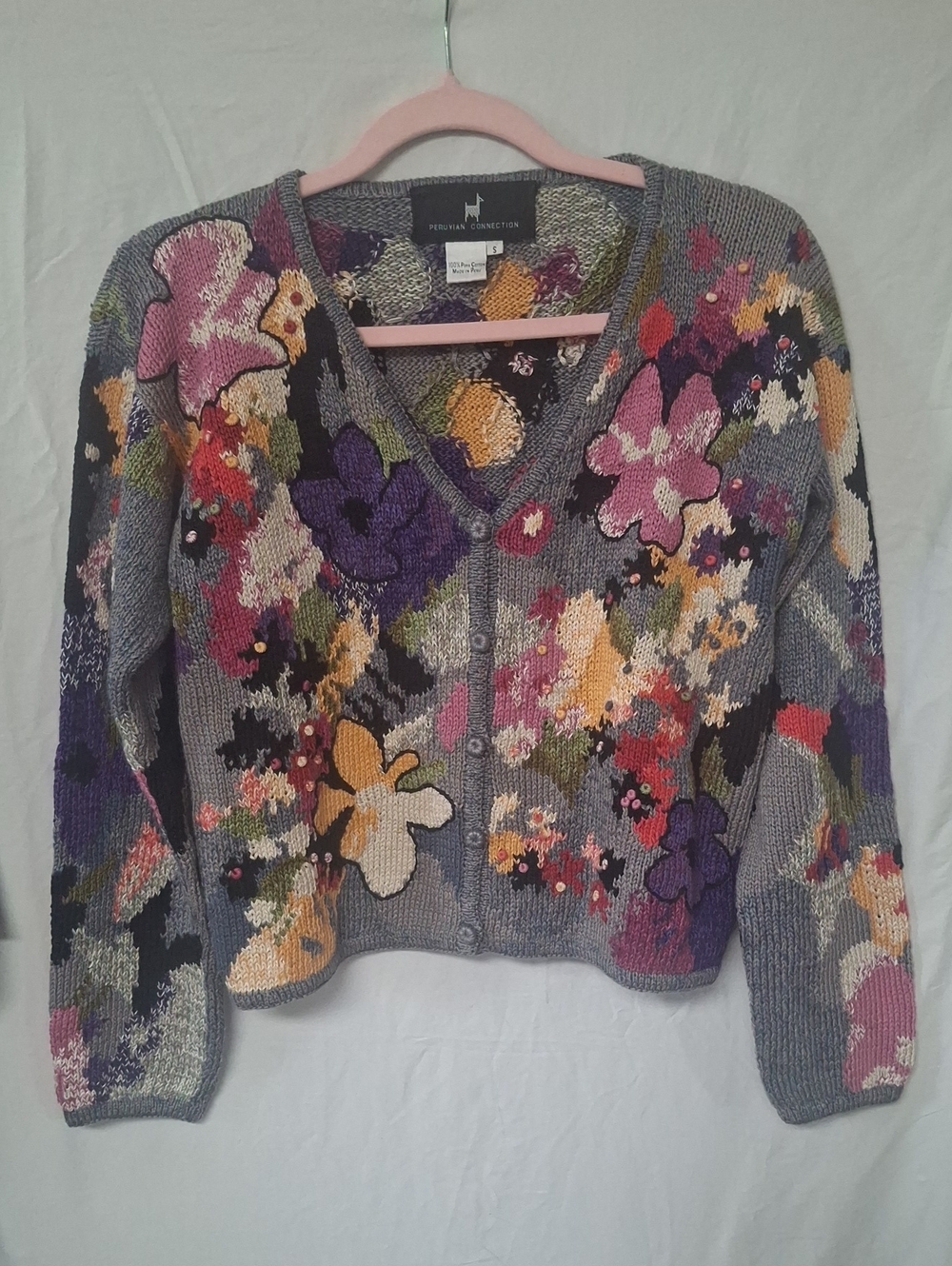 Peruvian Connection Gray Floral V-Neck Sweater with Multicolor Embroidery